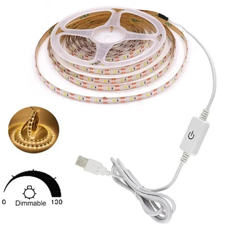 DC 5V LED Lights Strip 2835 Touch Switch Dimmer USB LED Tape Ribbon Flexible DIY Backlight Mirror Christmas Cabinet Room Decor Vue Warm White 5m