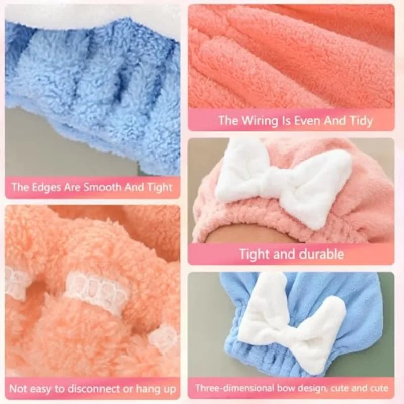 Super Absorbent Hair Towel Wrap Wet Hair, Microfiber Wrap, Bow-Knot Button-Free Coral Fleece Dry Hat, Turbans Long Thick Curly Vue