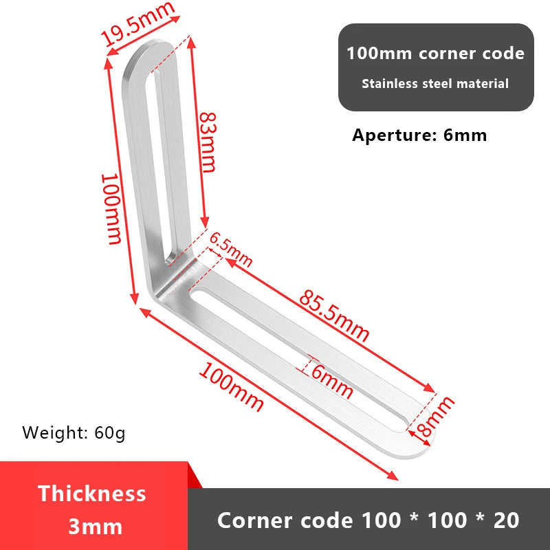 1PCS L-shaped Stainless Steel Adjustable Angle Code Long Hole Activity 90 ° Right Angle Furniture Fixer Shelf Bracket Connector Vue 8 Silver