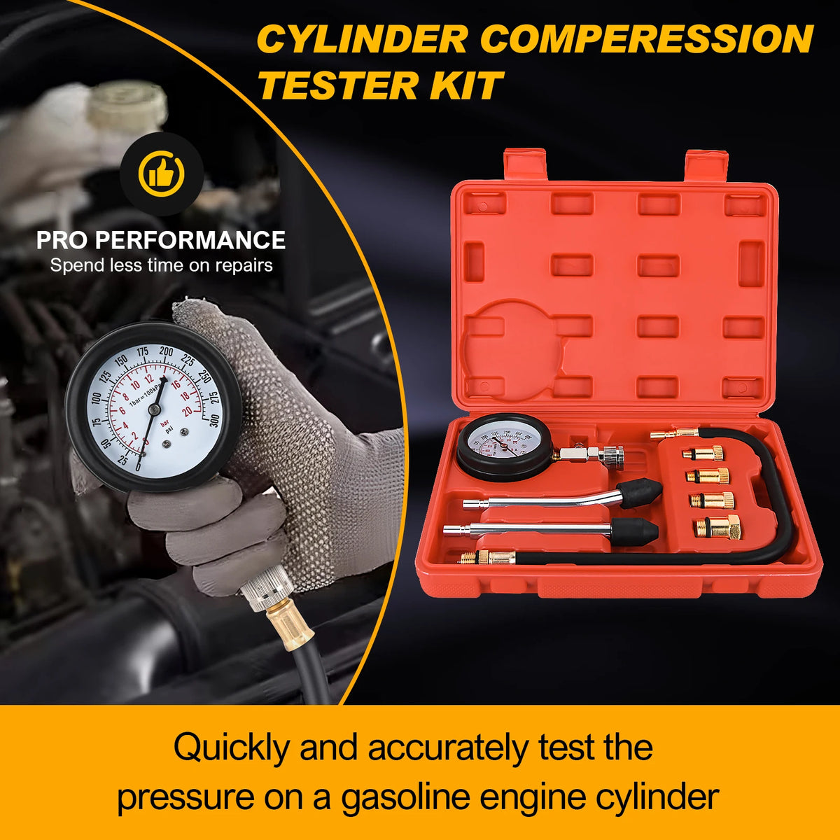 Nilight Compression Tester Kit, 8PCS Petrol Gas Engine Cylinder Pressure Gauge 0-300 PSI Automotive Tool for Cars Trucks Motorcycles Vue