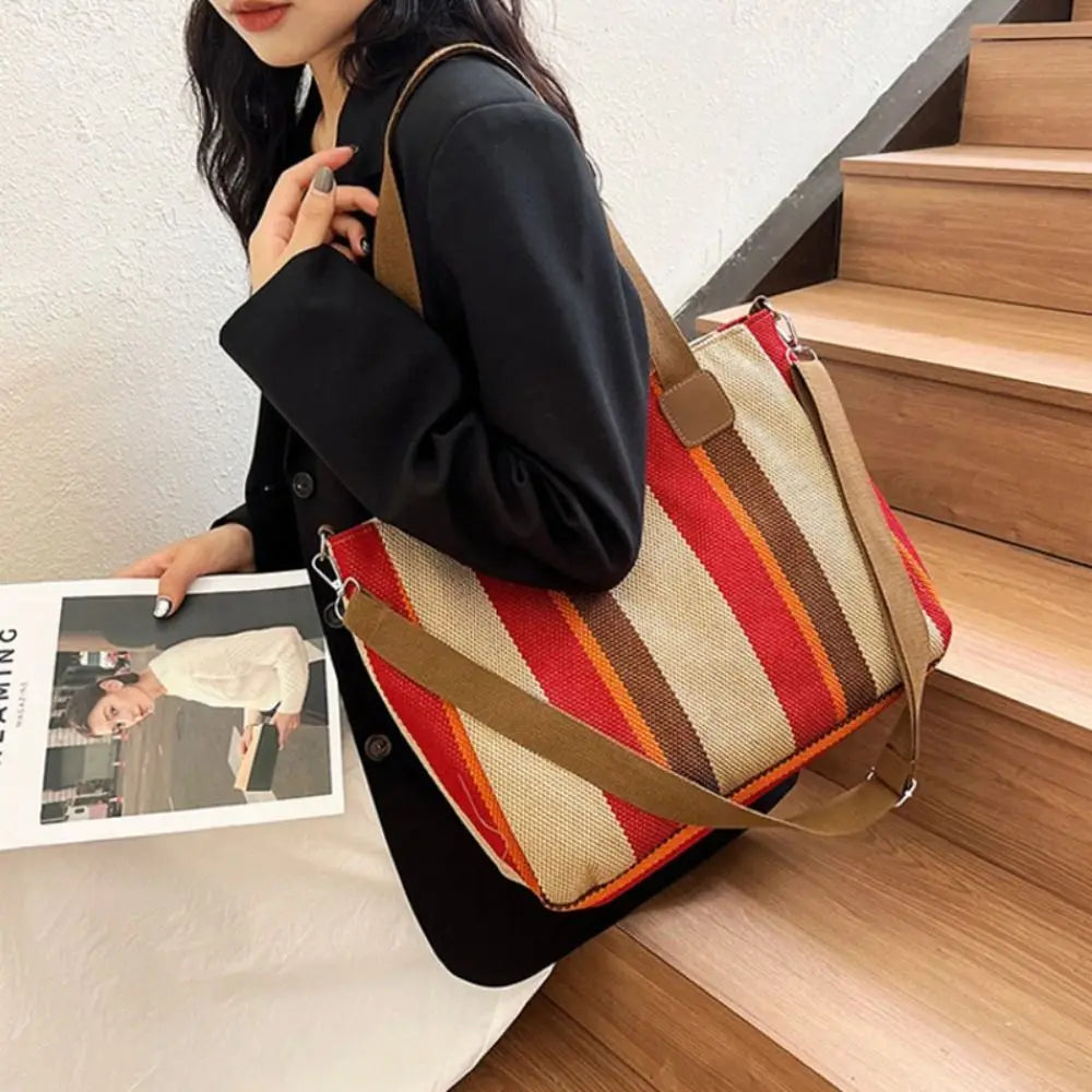 New Cloth Striped Tote Bag Detachable Strap Adjustable Shoulder Bag Dual Handles with Rabbit Pendant Handbag Office Vue