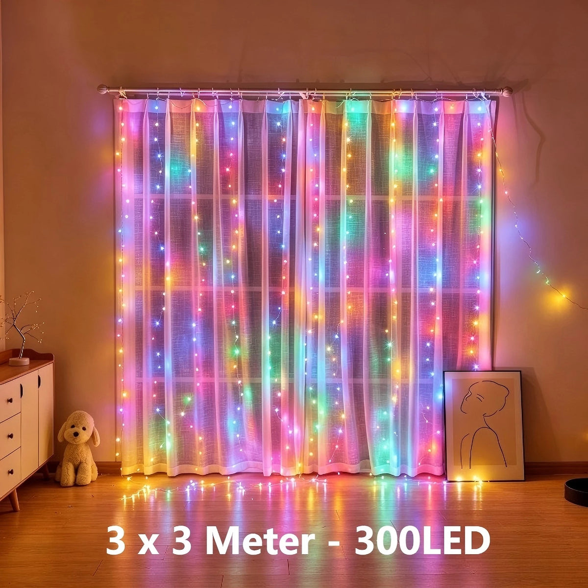 LED Curtain Lights Battery Powered - Waterproof Window String Light for Party Bedroom Porch Decoration Vue Colorful 300LED