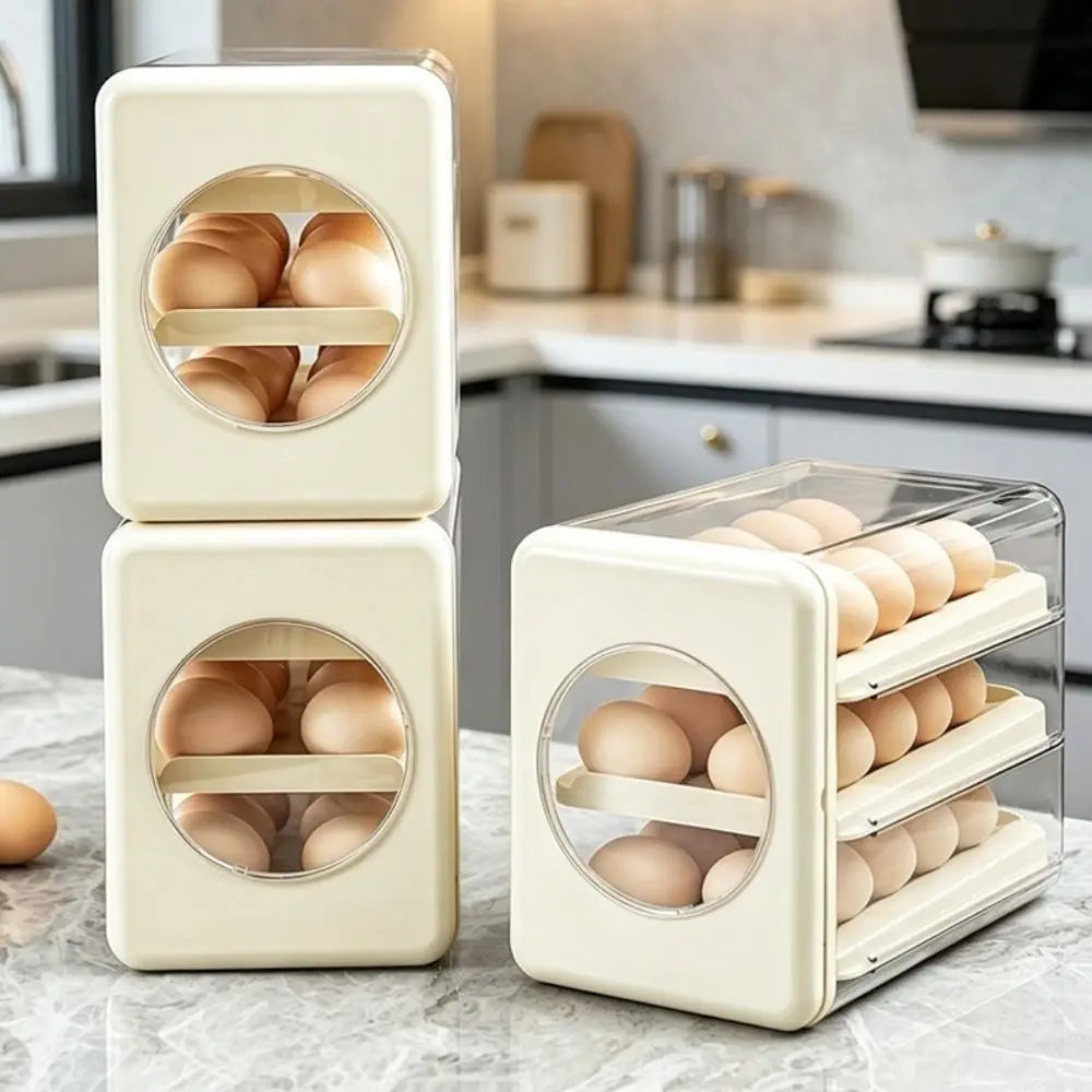 Visible 3 Tier Egg Storage Box Transparent Drawer Type Rolling Egg Dispenser PET Space Saving Refrigerator Egg Organizer Kitchen Vue