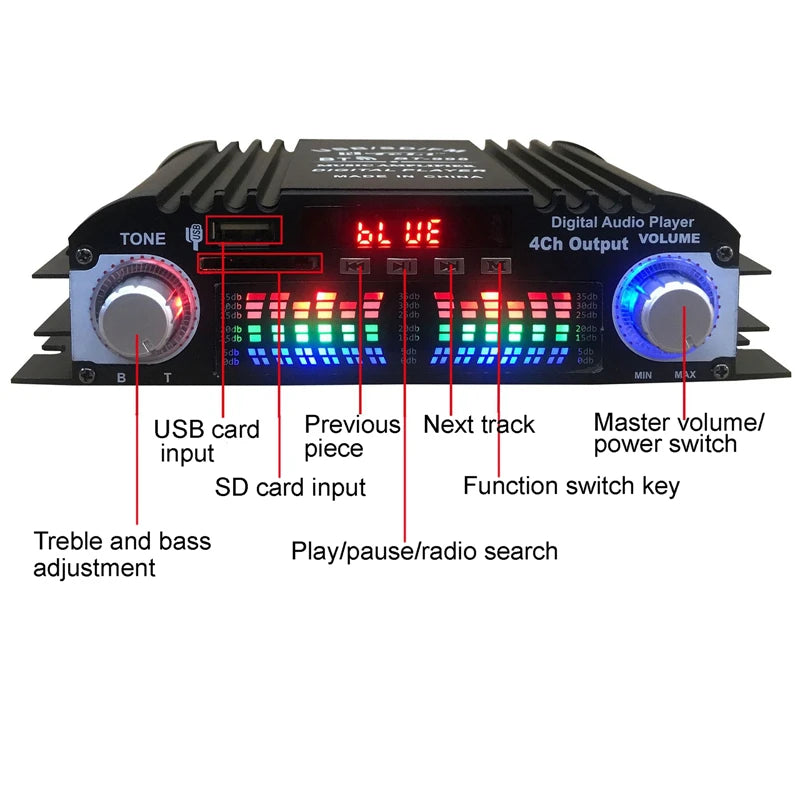 BT-998 Hifi Audio Home Digital Amplifiers Car Audio Bass Power Bluetooth Amplifier FM USB SD Radio for Subwoofer Speakers DC12V Vue