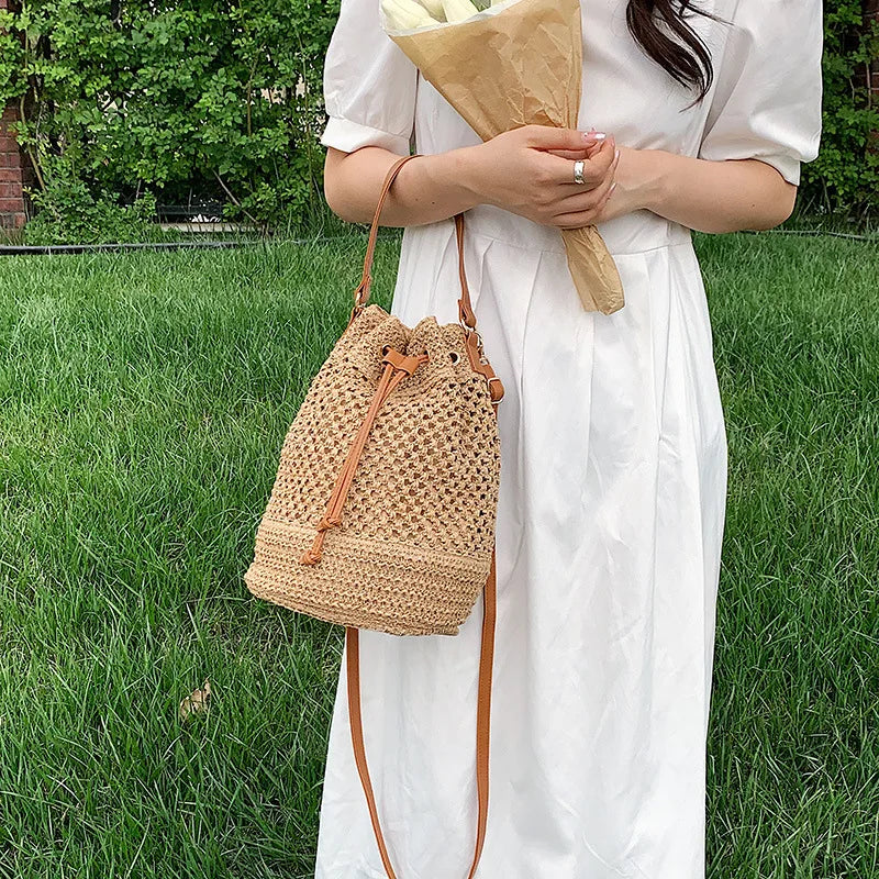 Woven Straw Bag Ladies Bucket Crossbody Summer Beach Retro Travel