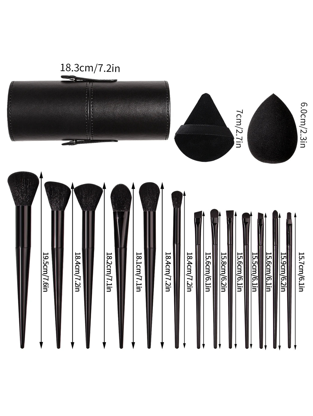 16Pcs Black Makeup Brush Kit with Storage Holder & Powder Puffs, Soft Fluffy Brushes Premium Black Synthetic Brushes for Full F Vue