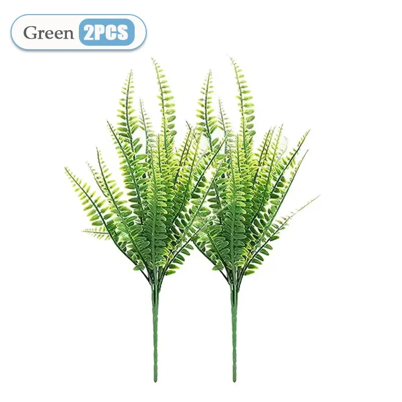 2-32PCS UV Resistant Artificial Boston Fern Plant for Hanging Baskets Wedding Home and Garden Decor Lifelike Fake Fern Vue Green-2PCS