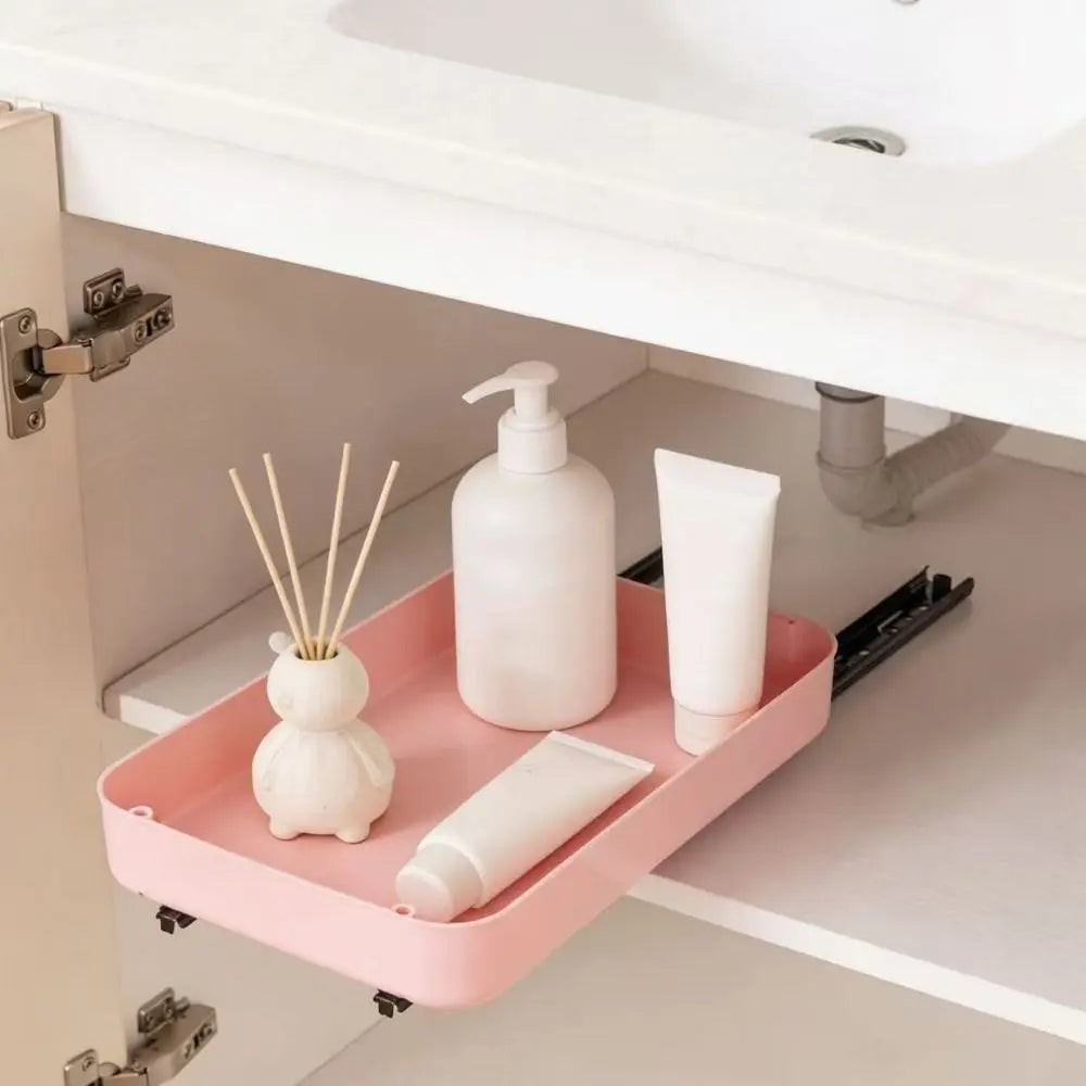 Large Capacity Pull Out Storage Tray Plastic Anti-slip Sliding Cabinet Shelf with Slide Rails Slide Out Pantry Shelves Bathroom Vue