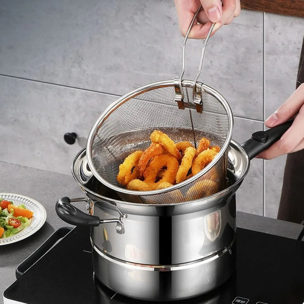 Household Stainless Steel Deep Fryer Pot with Frying Basket and Steamer Visible Lid Pasta Pot Japanese Stockpot Tempura Vue