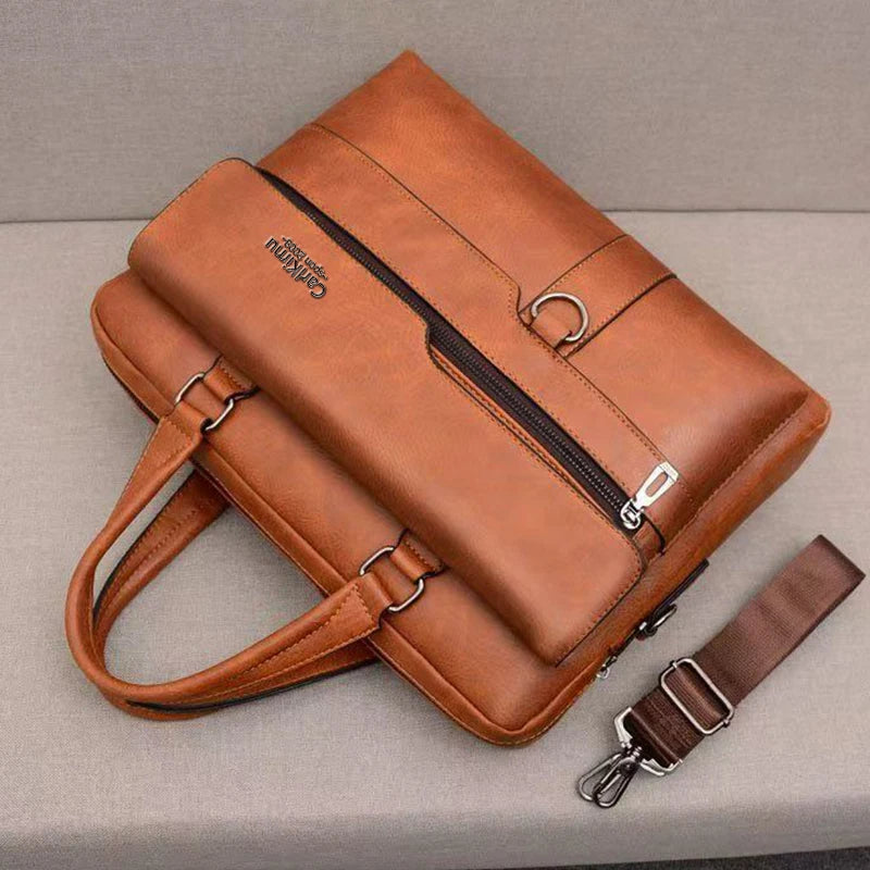 Fashion Vintage Business Handbag Multi-zip Pocket Leather Briefcase