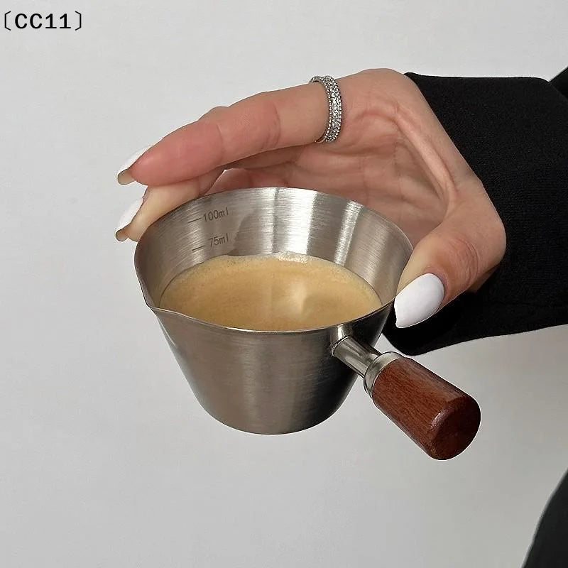 Stainless Steel Measuring Cup Wooden Handle Coffee Milk Pitcher Scale