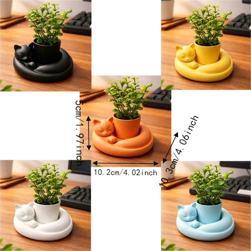 3D Printed Cat Sleeping Flowerpot Plastic Cartoon Animal Shaped Planter Lying Cat Shape Uniquely Cat Desktop Ornament Study Room Vue