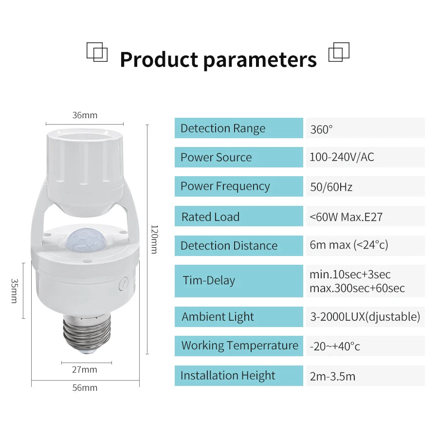 E27 Bulb Holder with PIR Motion Sensor E27 Lamp Base Socket Converter Smart Light Switch Infrared Body Human Detector AC100-240V Vue 1PCS