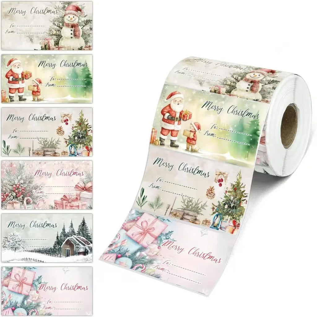 Colorful Christmas Stickers 180/roll Merry Christmas Tags Write-On Holiday Waterproof Stickers Wrapping Envelope Sealing Sticker Vue E