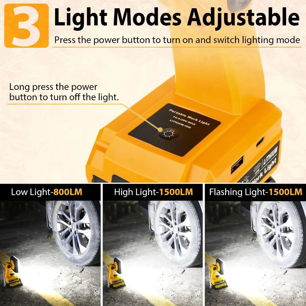 15W 2000LM Cordless LED Work Light Portable Floodlight for Dewalt 20V 60V Batteries with USB Charging Port for Job Sites Camping Vue