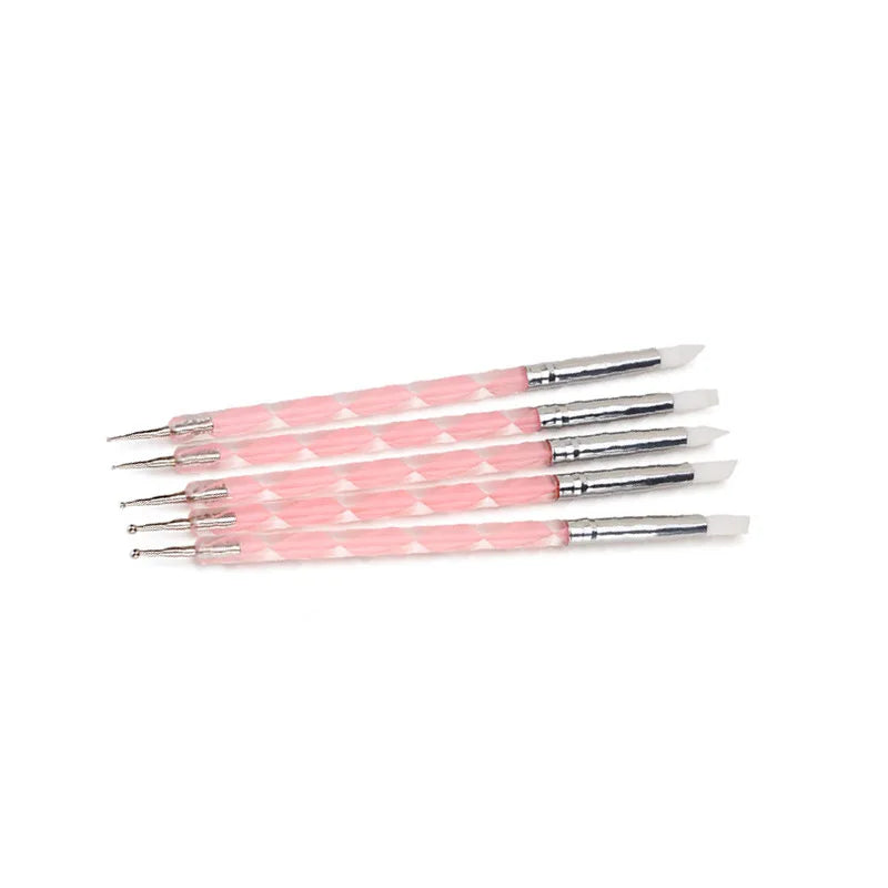5Pcs 2 Way Nail Art Acrylic Silicone Point Flower Nail Pen Stainless Steel Dotting Tools Marbleizing Painting Pens Vue