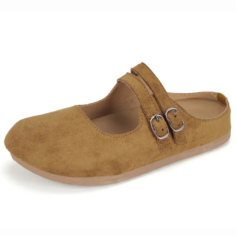 Women's Mary Jane Half Slippers Double Button Flat Mule Women's Flat Mule Slippers Vue X2-camel 40