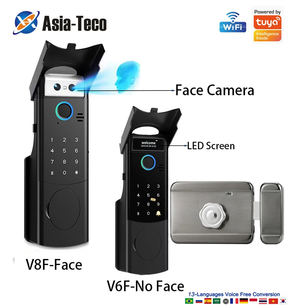WiFi Smart Lock Facial Fingerprint Password Card Key Unlocking Electronic Door Lock Suitable for Wooden Doors Support Tuya App Vue