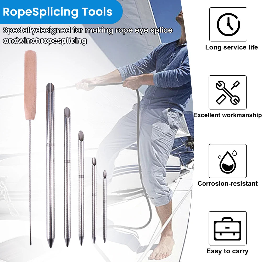 6-Piece Stainless Steel Rope Splicing Tool Kit Smooth Surface 0.24-0.59in Needles+Pusher for Boat/Paracord/Climbing Rope DIY Vue