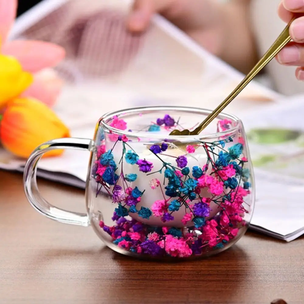 Coffee Tea Cup Dried Flower Glass Cup Double Insulated with Handle Double Wall Mug Heat Resistant 150ML Clear Glass Cup Vue