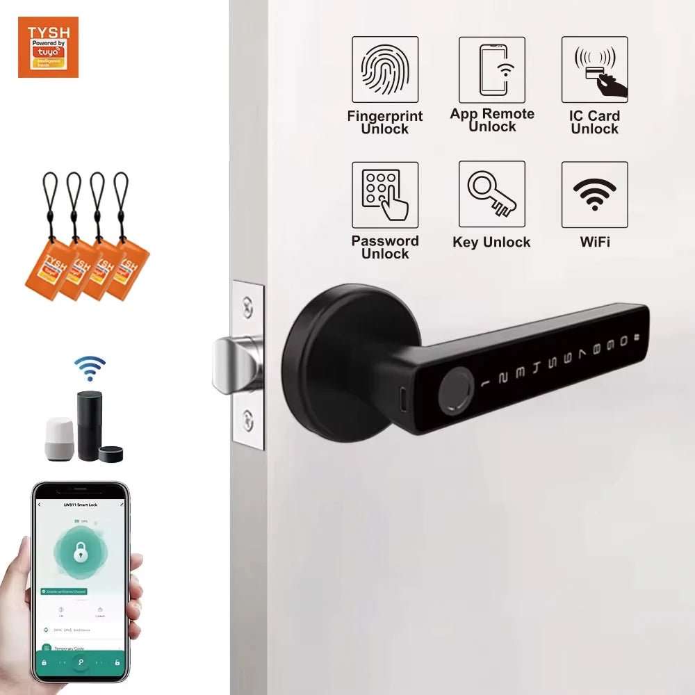 TYSH Tuya Biometric Fingerprint Password Electric Handle Door Lock Bedroom Home Wood Smart Door Lock Smart Lock Vue
