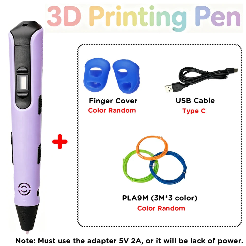 3D Printing Pen Kids with LED Display Creative DIY Drawing Pen Non-Toxic PLA Filament Art Craft Pen for Children Boys Girls Gift Vue Purple with 9M PLA Filagment