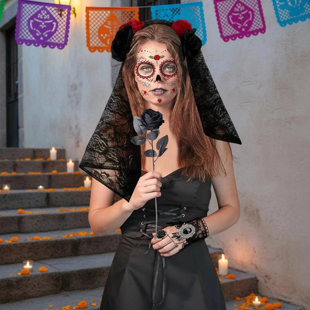 1-5Sets Halloween Lace Veil Headband with Rose Necklace and Bracelet Day of the Dead Costume Accessory for Party Favor Vue