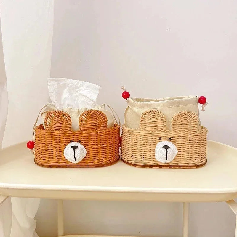 Rattan Woven Tissue Box Holder Cute Bear Napkin Small Desktop Storage Basket For Home Table Decor Kids Birthday Gift Vue