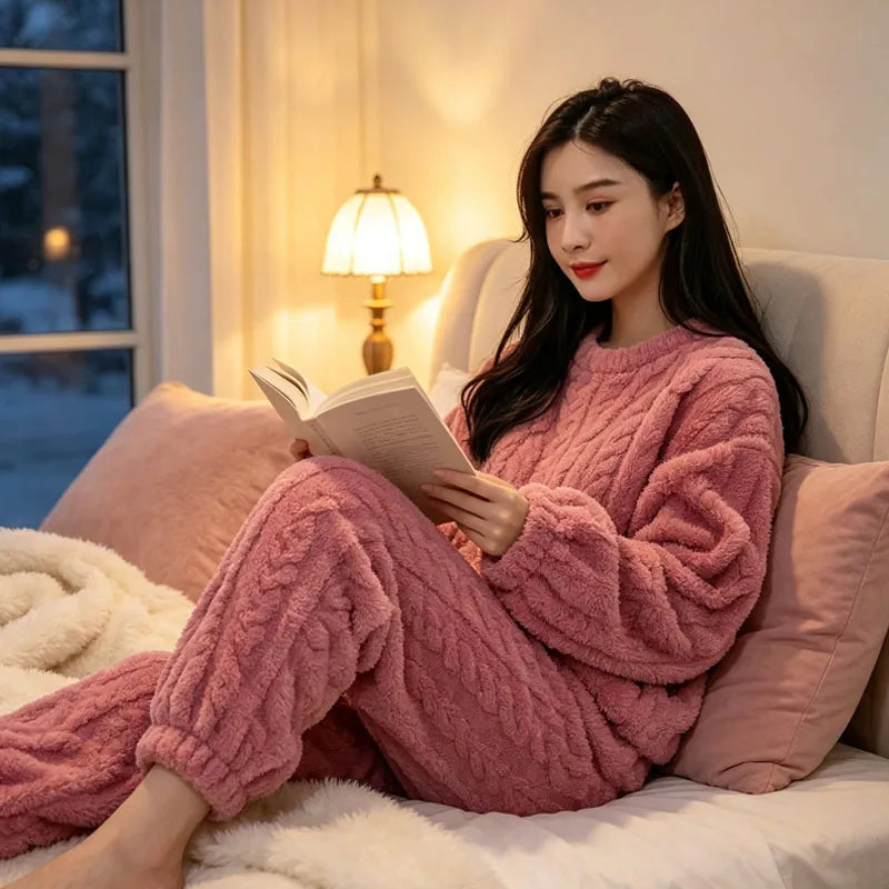Womens Winter Coral Fleece Lounge Set Solid Color Jacquard Knit Pajama Suit Long Sleeve Top and Pants Warm Sleepwear Vue
