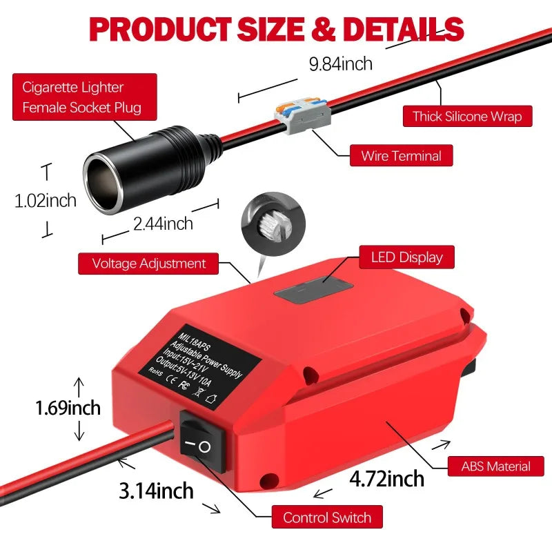 Adjustable Voltage Regulator 18V To 12V Step-Down Converter Power Adapter for Makita/Milwaukee/Bosch/Craftsman 18/20V Batteries Vue