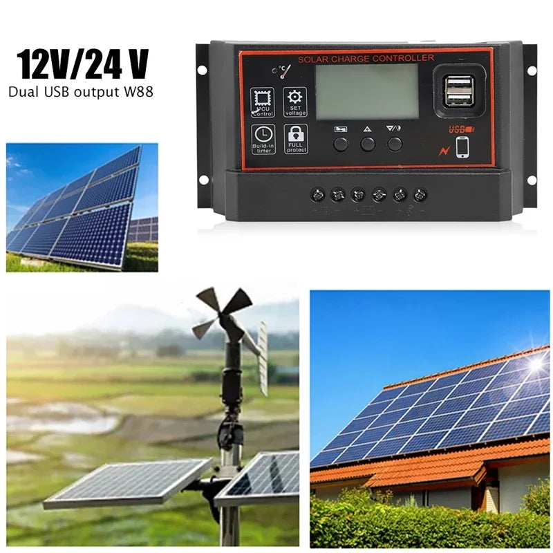 Solar Charge Controller 12V 24V 60A 80A 100A LCD Dual USB Solar Charge Controller Vue