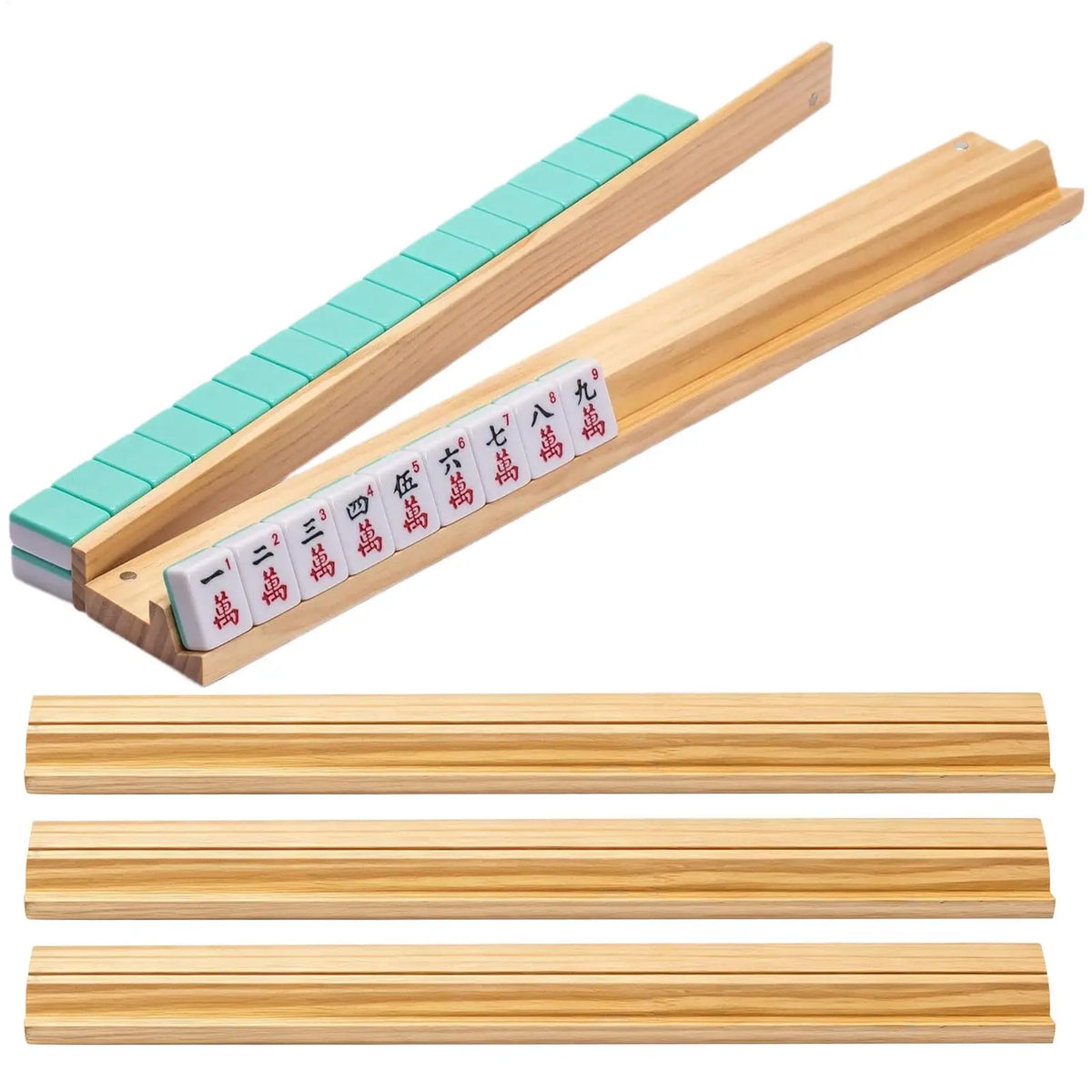 4 Pcs Non-Slip Wooden Mahjong Racks With Pushers, 45CM Durable Tile Holders & Push Tools For Family, Travel & Outdoor Game Fun Vue