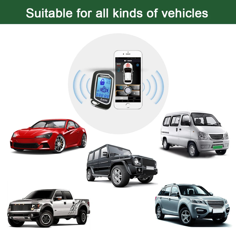GIORDON 2 Way Car Alarm System LCD Complete Kit PKE Automatic Lock and Unlock Function Bluetooth APP Remote Engine Start Vue
