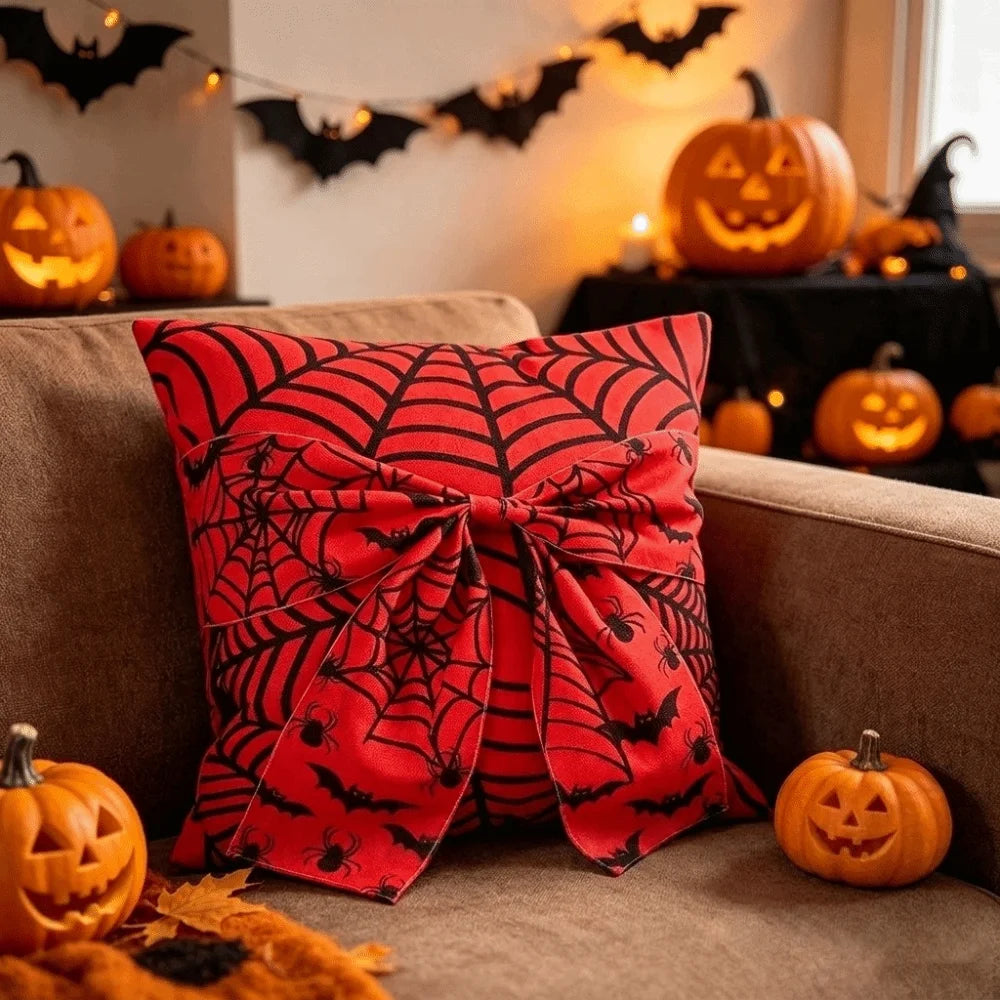 Gothic Style Halloween Ghost Pillowcase Washable Wear Resistant Spider Web Cushion Cover Comfortable Soft Square Pillow Covers Vue Red