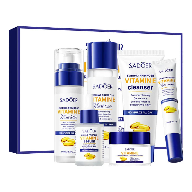 Sadoer Evening Primrose Vitamin E High Moisturizing and Hydrating Six-Piece Set, Deeply Cleanses the Skin, Removes Oil from the Skin, Makes the Skin White and Translucent, Soothes and Softens the Skin, Nourishes and Moisturiz Vue