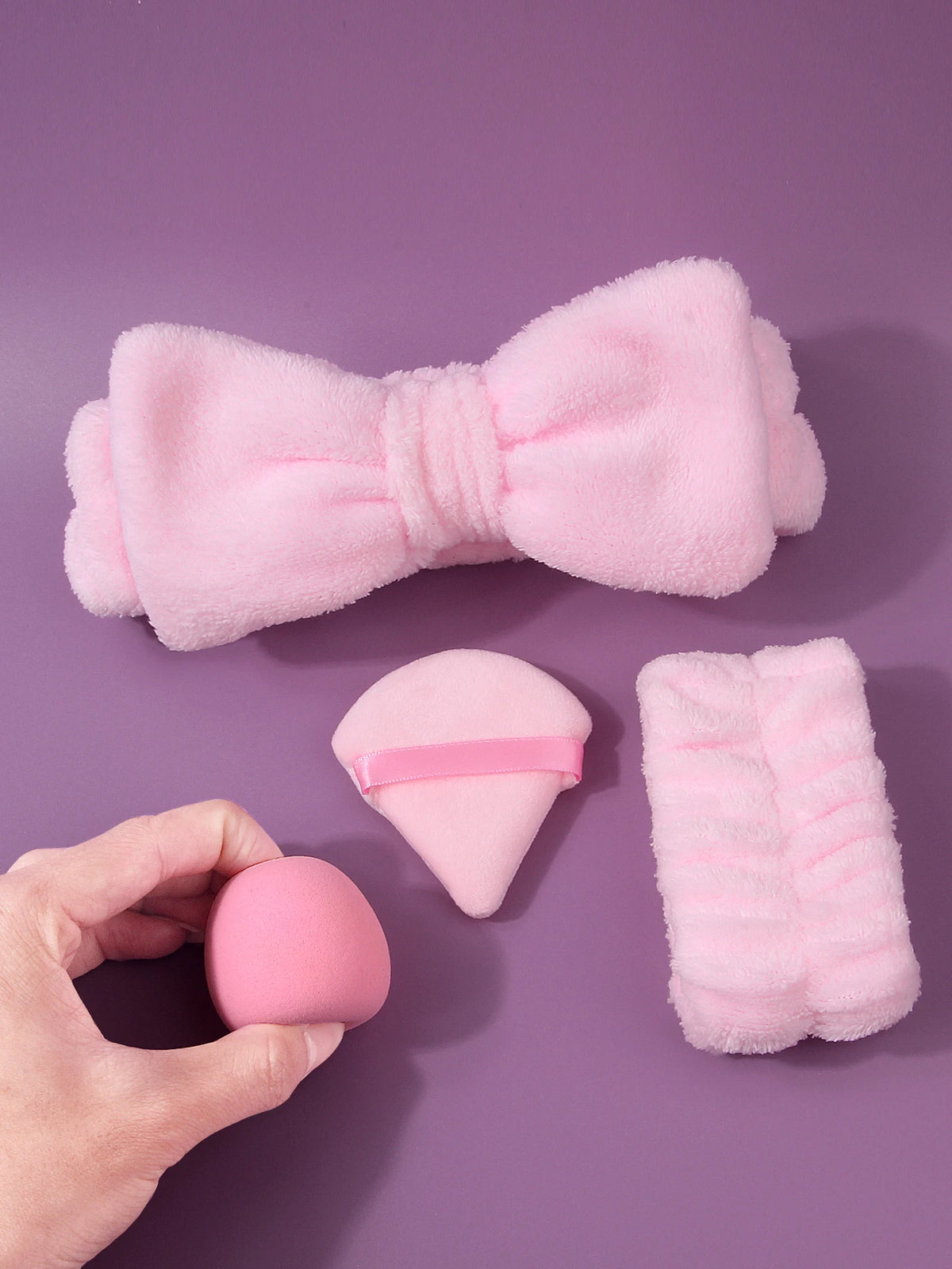 9pcs pink beauty tools, super soft hair tie, wrist strap + dry and wet dual-purpose makeup sponge, egg triangular powder puff Vue