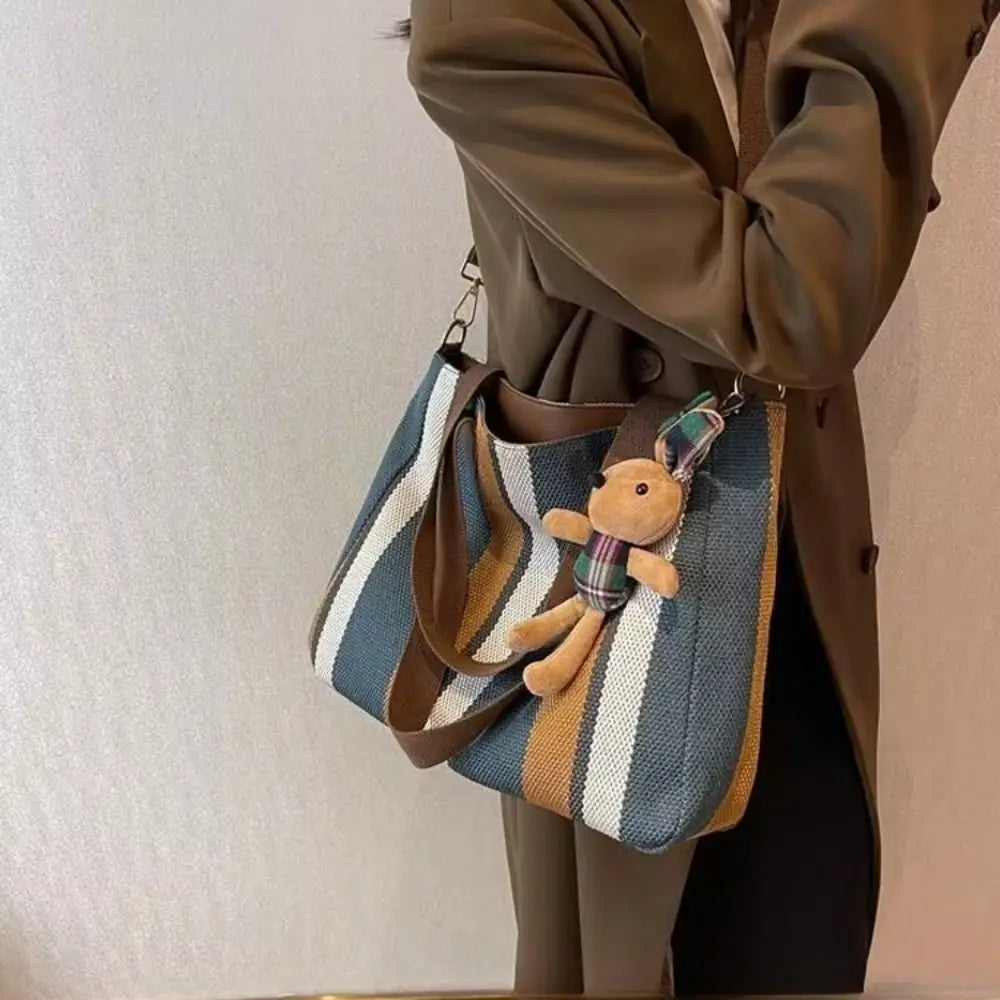 New Cloth Striped Tote Bag Detachable Strap Adjustable Shoulder Bag Dual Handles with Rabbit Pendant Handbag Office Vue