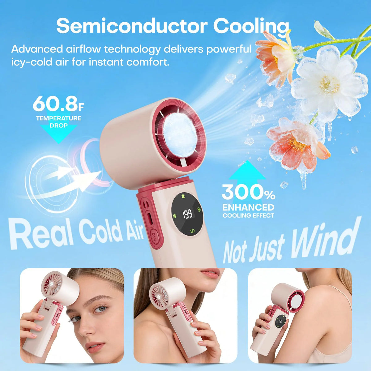 Portable Handheld Fan with Ice Cooling, 199 Levels Stepless Speed,Rechargeable Personal Mini Fan for Travel, Outdoor, Makeup Vue