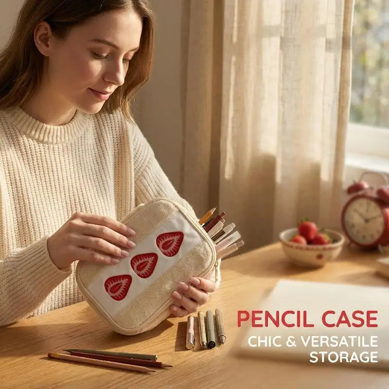 Cute Embroidered Strawberry Pencil Case Portable Stationery Box Large Capacity Multi-functional Makeup Storage Bag Vue Default Title