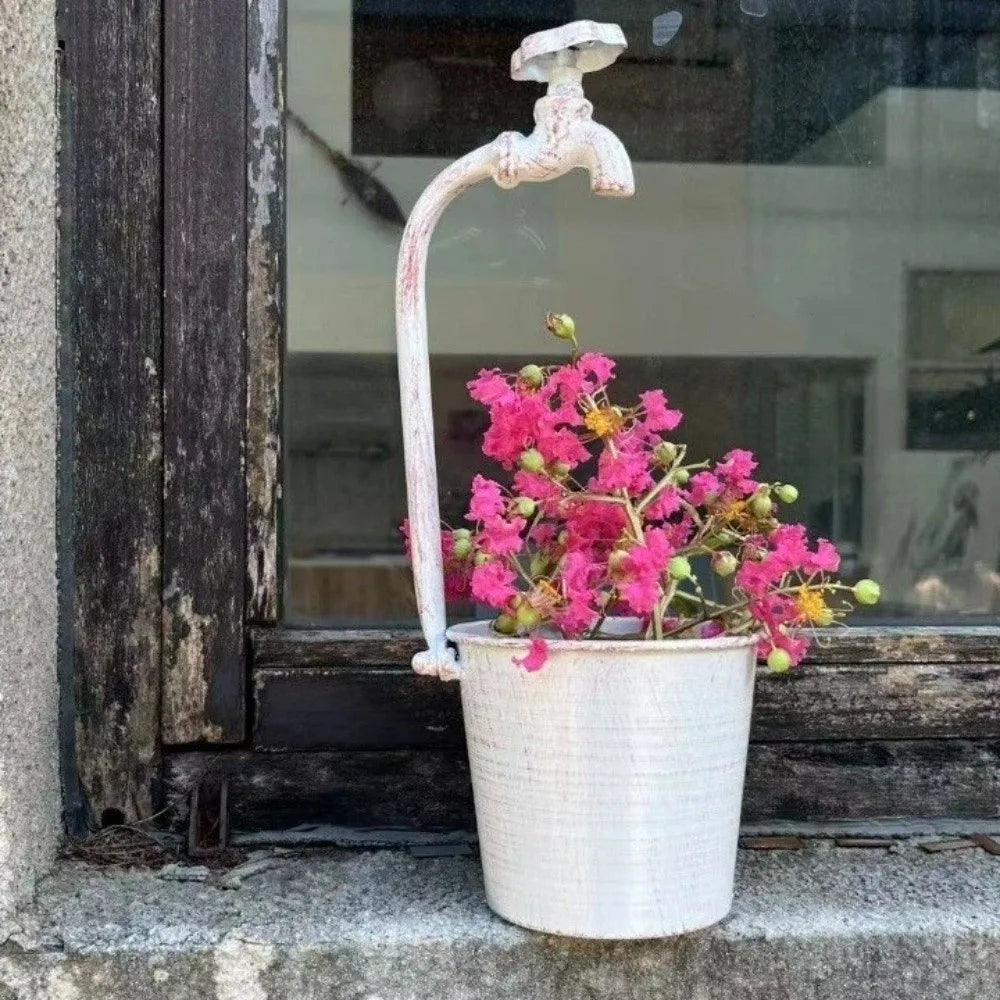 Rustic Metal Faucet Flowerpot Artistic Crack Resistant Retro Vintage Flowerpot Corrosion-Resistant Garden Flower Pot Office Vue