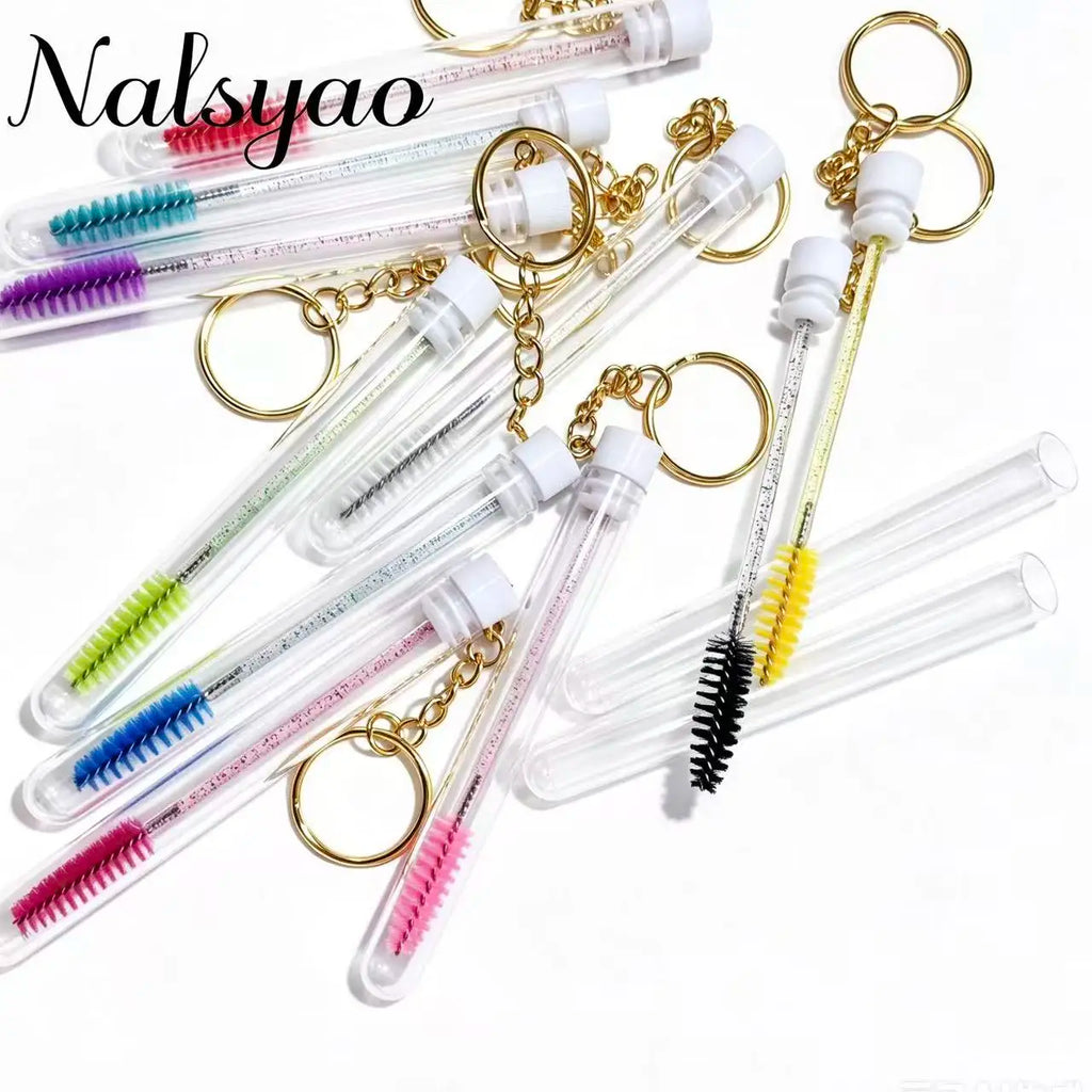 Mascara Wands In Tubes Container Lash Spoolies Comb Brushes 10pcs Reusable Eyelash Brush Tubes With Gold Keychain Sparkling Lash Vue