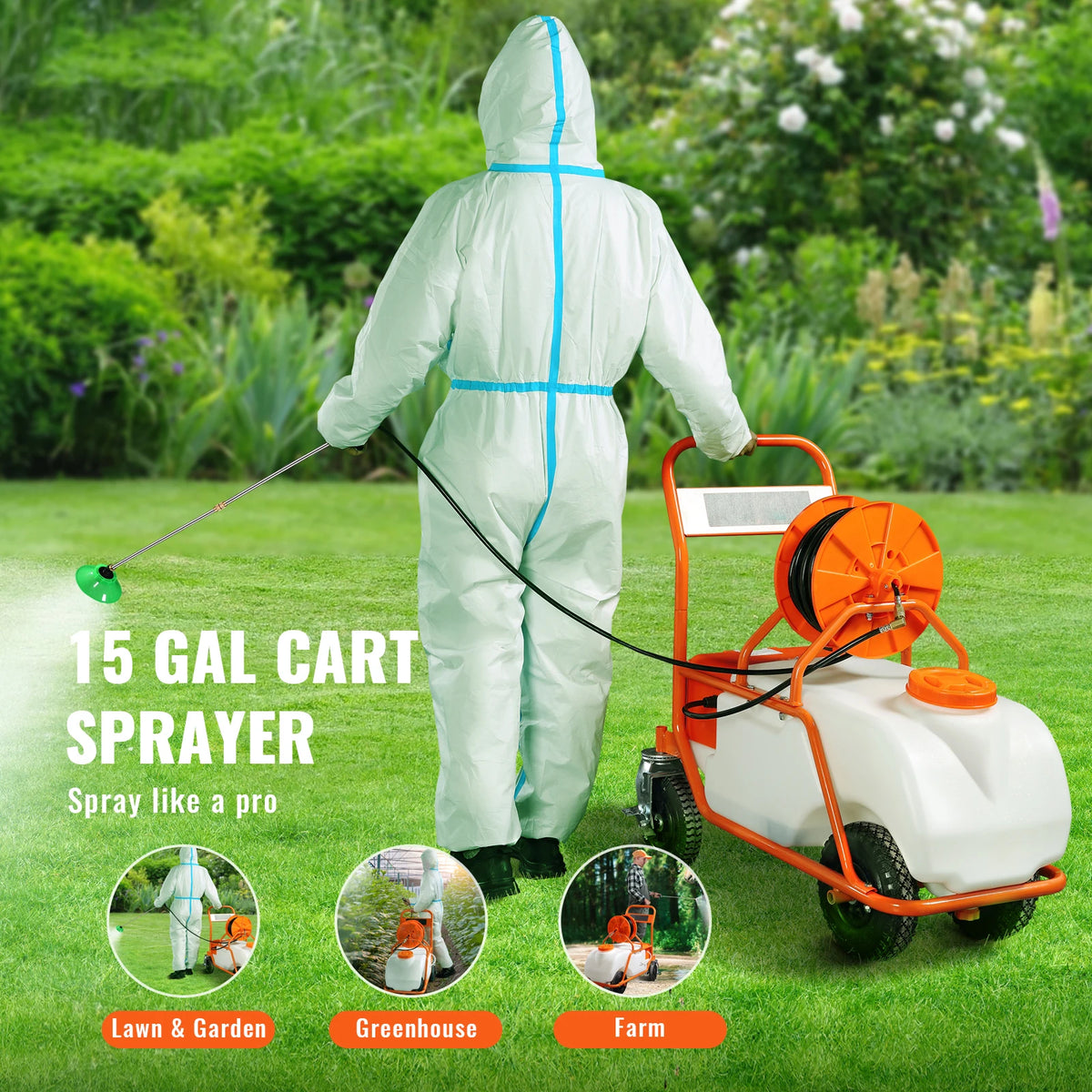 SucceBuy Battery Powered 15 Gal Garden Weed Sprayer with Wheeled Cart 126FT Hose with Reel 8 Nozzles 2 Wands with Lock for Crop Vue