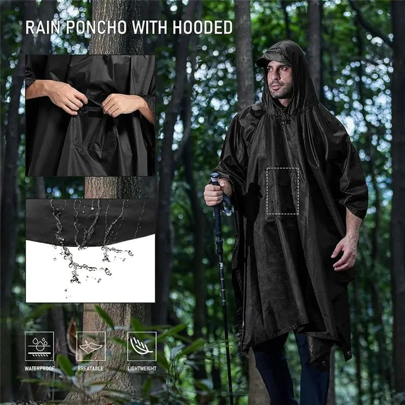 ABKW-Outdoor Raincoat Hooded Sleeve Waterproof Rain Poncho Motorcycle Rain Cover Camping Hiking Travel Rainwear Tent Gray Vue