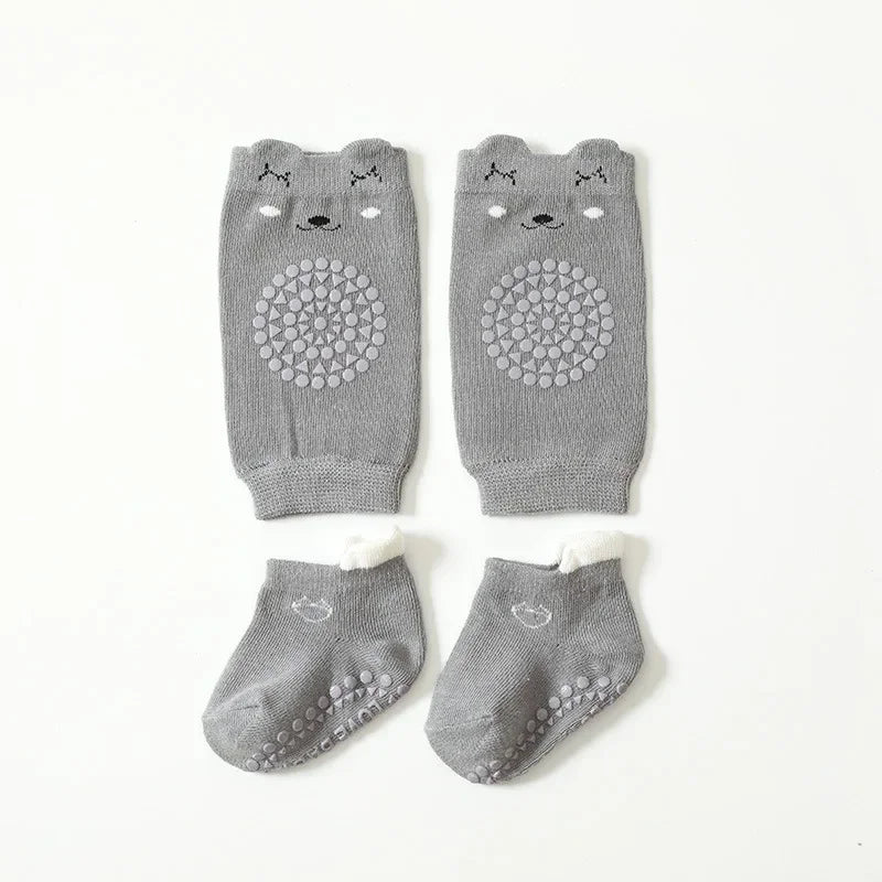 vvocci Baby KneeCartoon Anti-slip Socks Floor Socks Pads Set Summer Kid Crawling Safety Kneecap Walking Protector for Girls Boys Vue B351 grey M 1-3Y 12-14cm