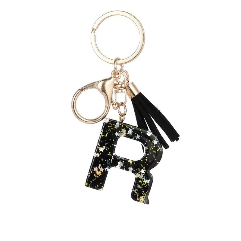 Black Glitter Star Sequins Resin 26 Letters Keychain Initials A-Z Keyring Tassel Charm Accessories Backpack Hanging Decoration Vue R