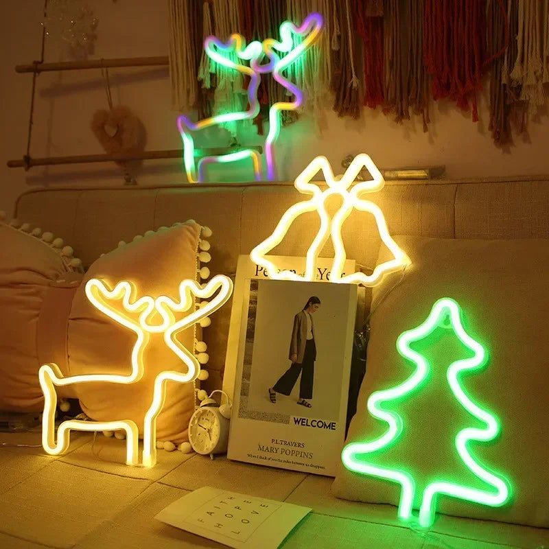 LED Christmas Socks Neon Sign Light Lamp Colorful Wall Lights Hat Bells Christmas Tree Snowflake Elk Ornaments Decor Room Party Vue