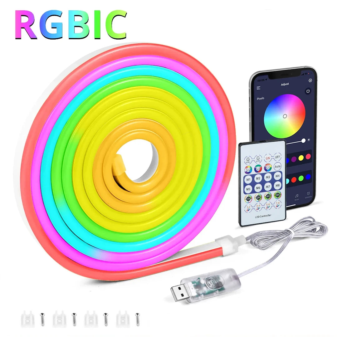 USB RGBIC Neon LED Strip Lights with Bluetooth APP Control Music Sync Waterproof Flexible Tape for Gaming Room Party Decor Vue RGBIC 1M