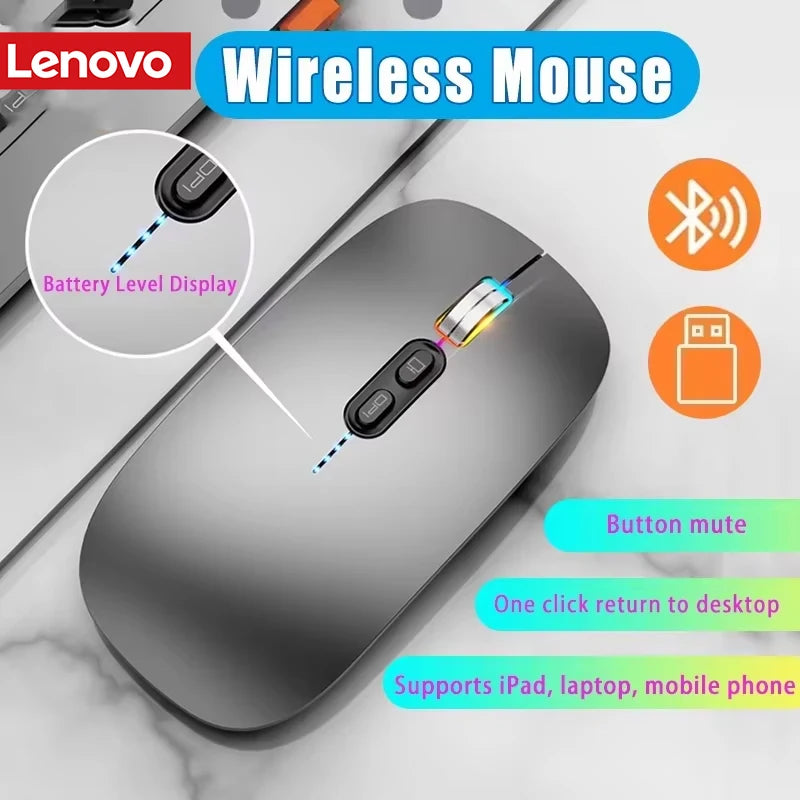 Lenovo Wireless Mouse Ultra-thin 3 Modes 2.4G USB and 2 Bluetooth Power Display Ergonomic Rechargeable Silent Mice for PC Laptop Vue
