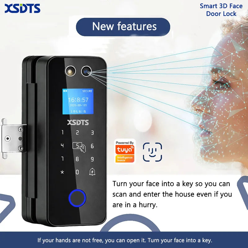 3D Glass Facial Recognition Office Smart Lock, Tuya WiFi Smart Door Lock with Palm Vein, Fingerprint, Password, IC Card Multiple Vue