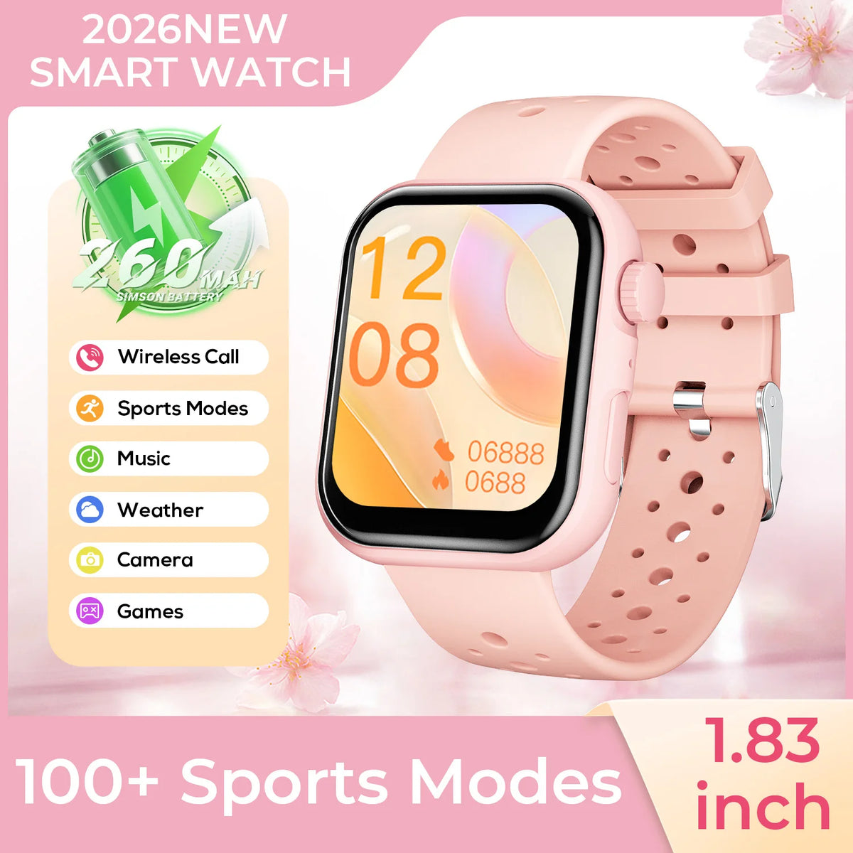 2026 New SmartWatch Bluetooth Call Music Sports Band Long Battery Fitness Tracker Silicone Strap Health Monitor for Adults fun Vue Pink-DD